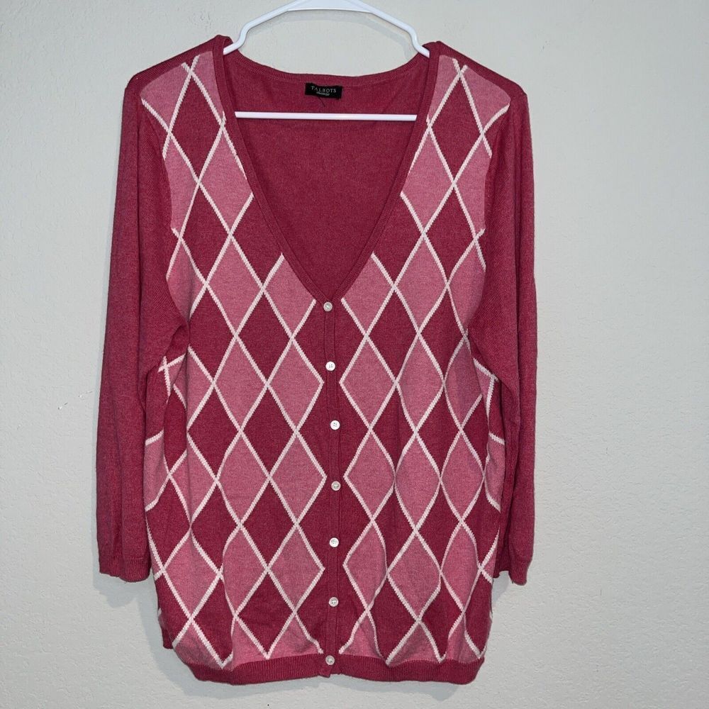 Talbots Pink & White Argyle V-Neck Cardigan Sweater Size M Cotton Rayon Silk
